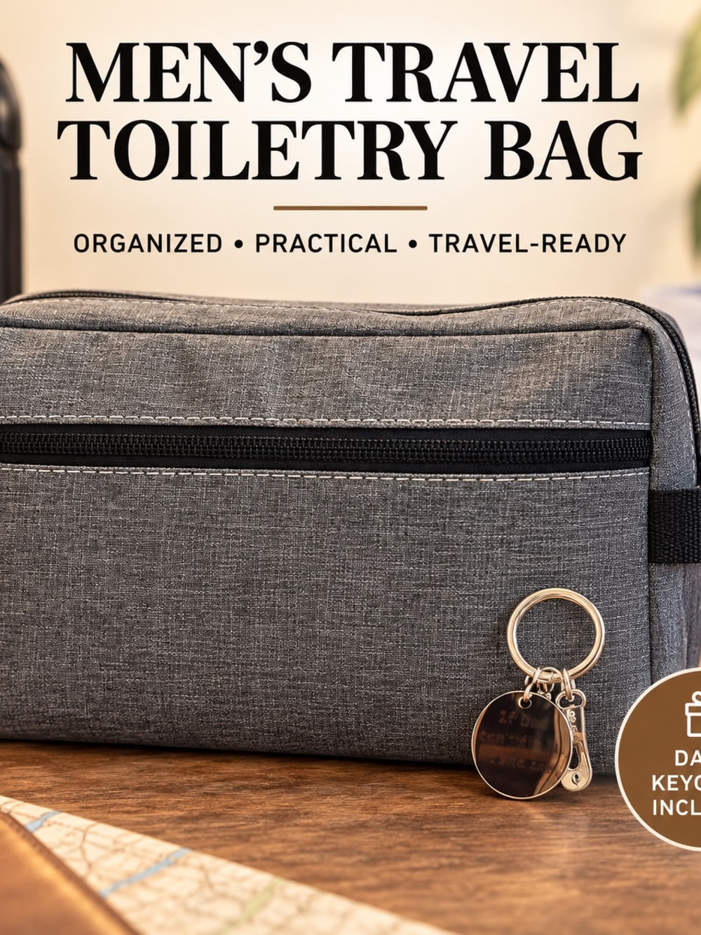 Men’s Gray Travel Toiletry Bag with Dad’s Keychain